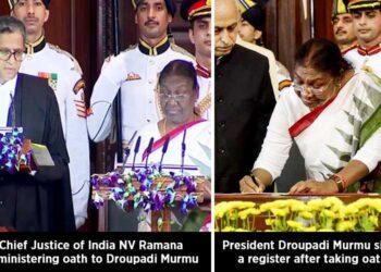 New President Droupadi Murmu signs a register after taking oath