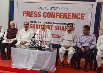 Union Home Minister Amit Shah with Manipur Chief Minister N. Biren and others addresses a press conference, in Imphal, Manipur, Thursday, June 1, 2023